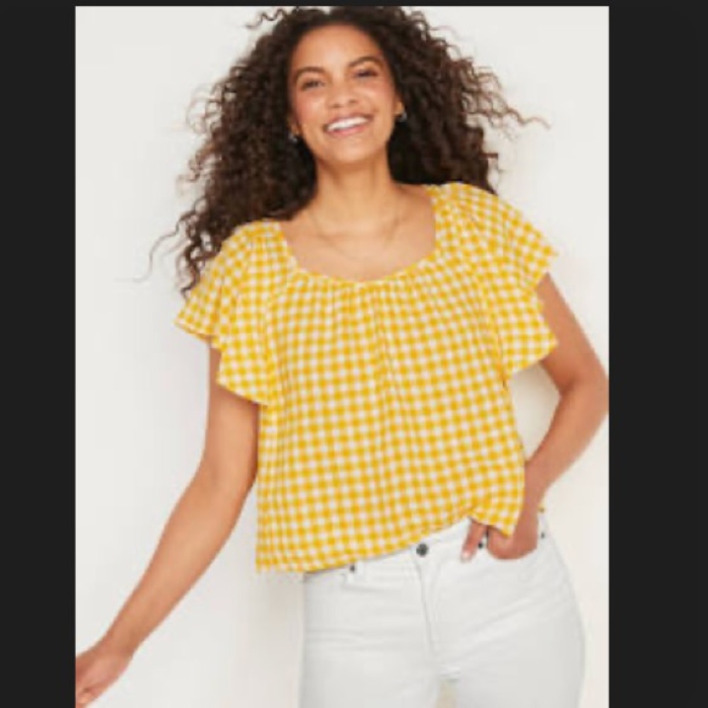 Old Navy Gingham Linen-Blend Tie-Back Flutter-Sleeve Top Yellow Size Large